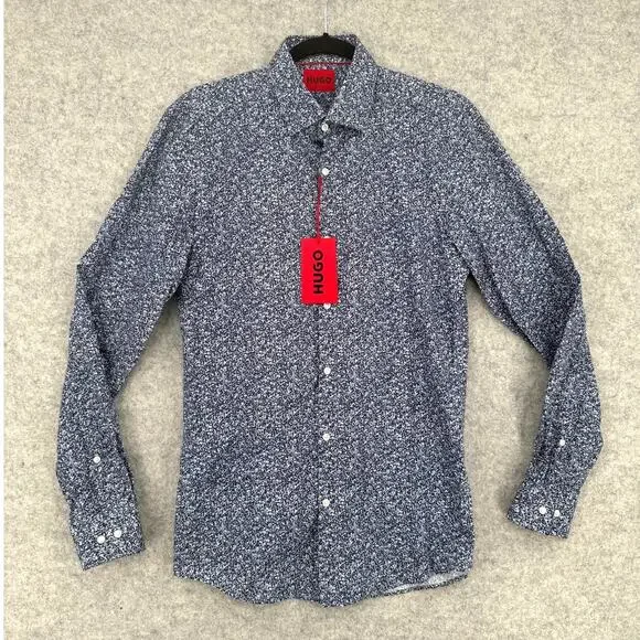NWT Hugo Boss Kenno Dark Blue Cotton Floral Slim Fit Dress Shirt Size US 15 - Picture 1 of 12